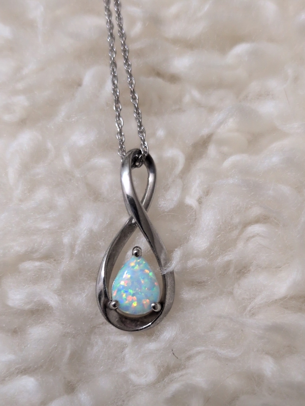Sterling Silver .925 Infinity Teardrop Necklace with White Opal Accent